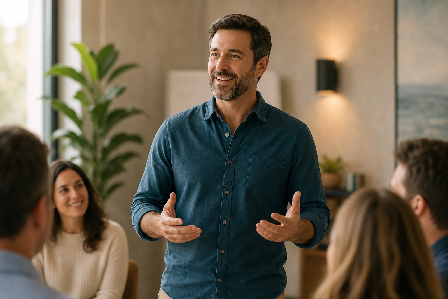 A confident man speaking comfortably with a small supportive group