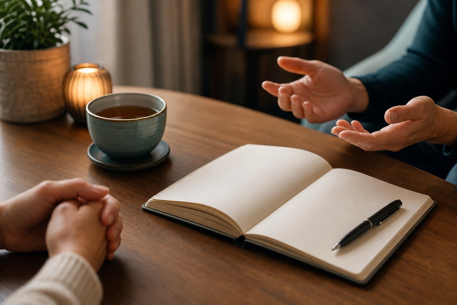 An open notebook and cup of tea during a private consultation conversation
