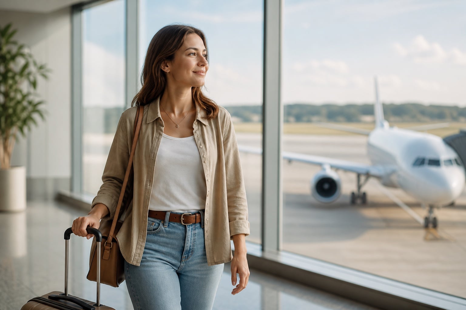 A calm traveler walking through an airport with a plane visible outside