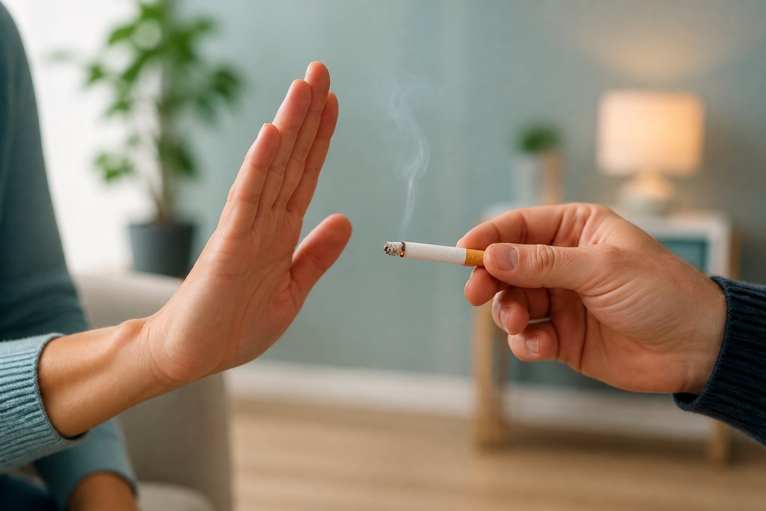 A hand refusing a lit cigarette offered by another hand