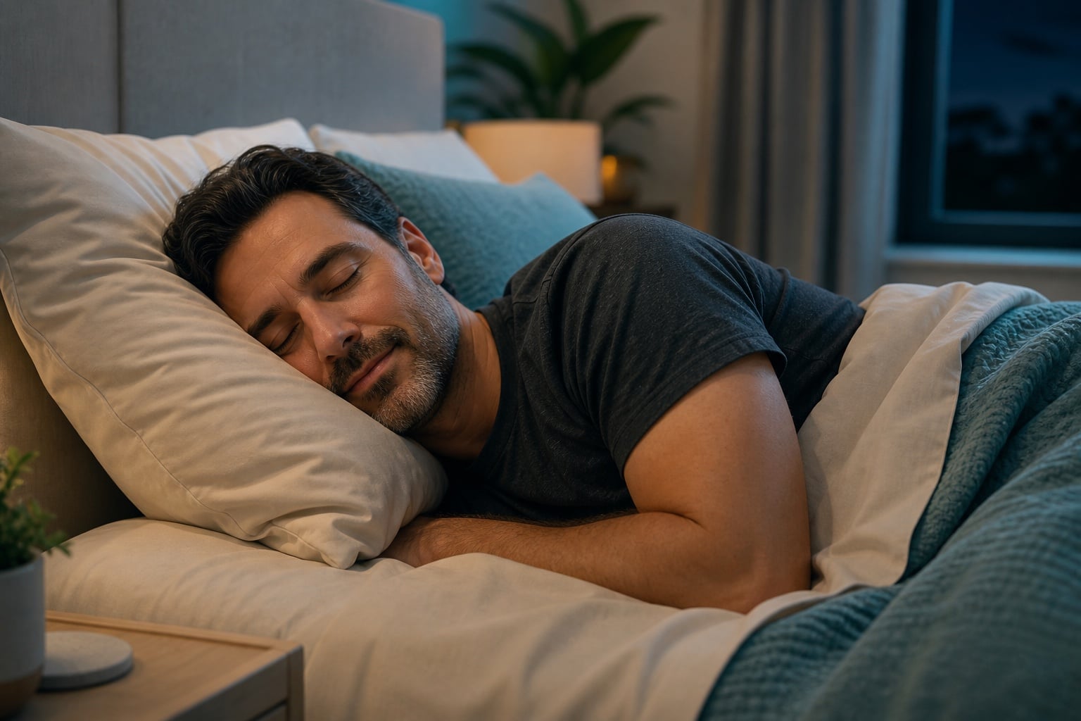 A man peacefully asleep in bed with his eyes closed