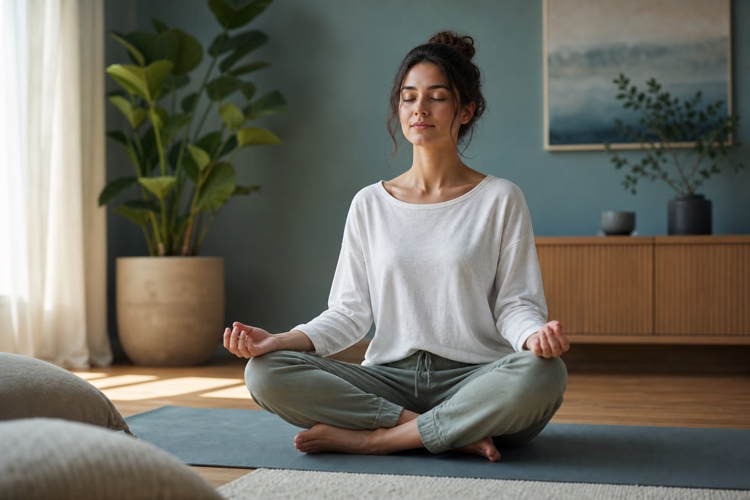 A person meditating calmly in a peaceful modern room