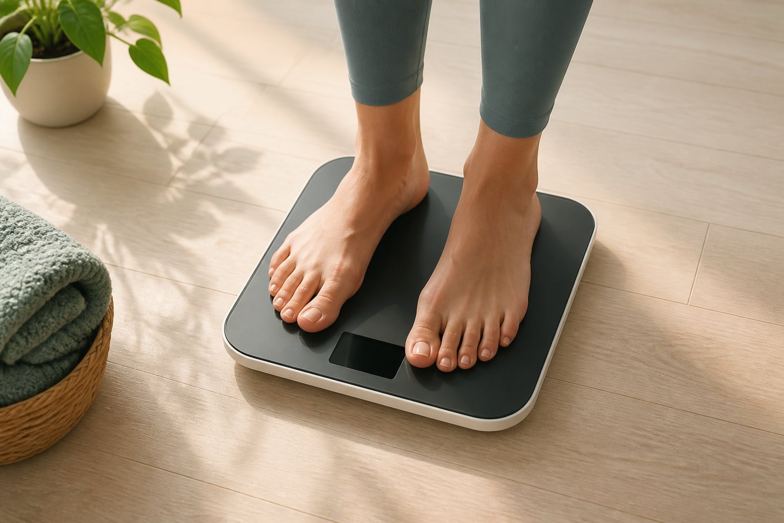 Bare feet standing on a modern bathroom scale in soft daylight