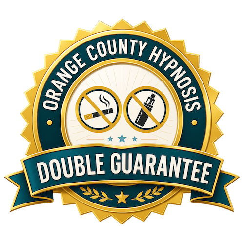 Orange County Hypnosis Double Guarantee badge with no smoking and no vaping symbols